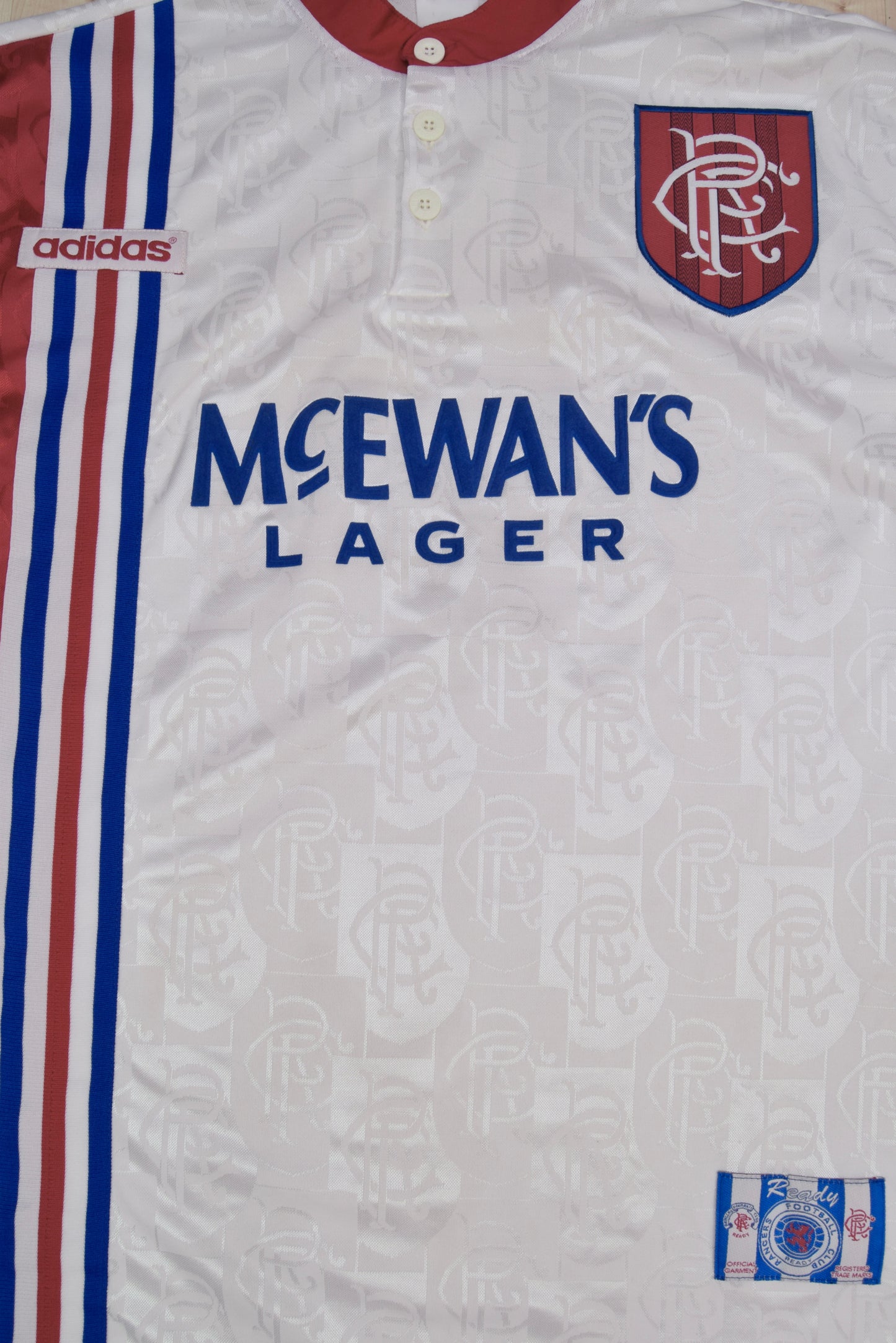 Vintage Glasgow Rangers FC Adidas 1996 - 1997 Away Football Shirt Size L White Red Blue Made in UK McEwan's Lager