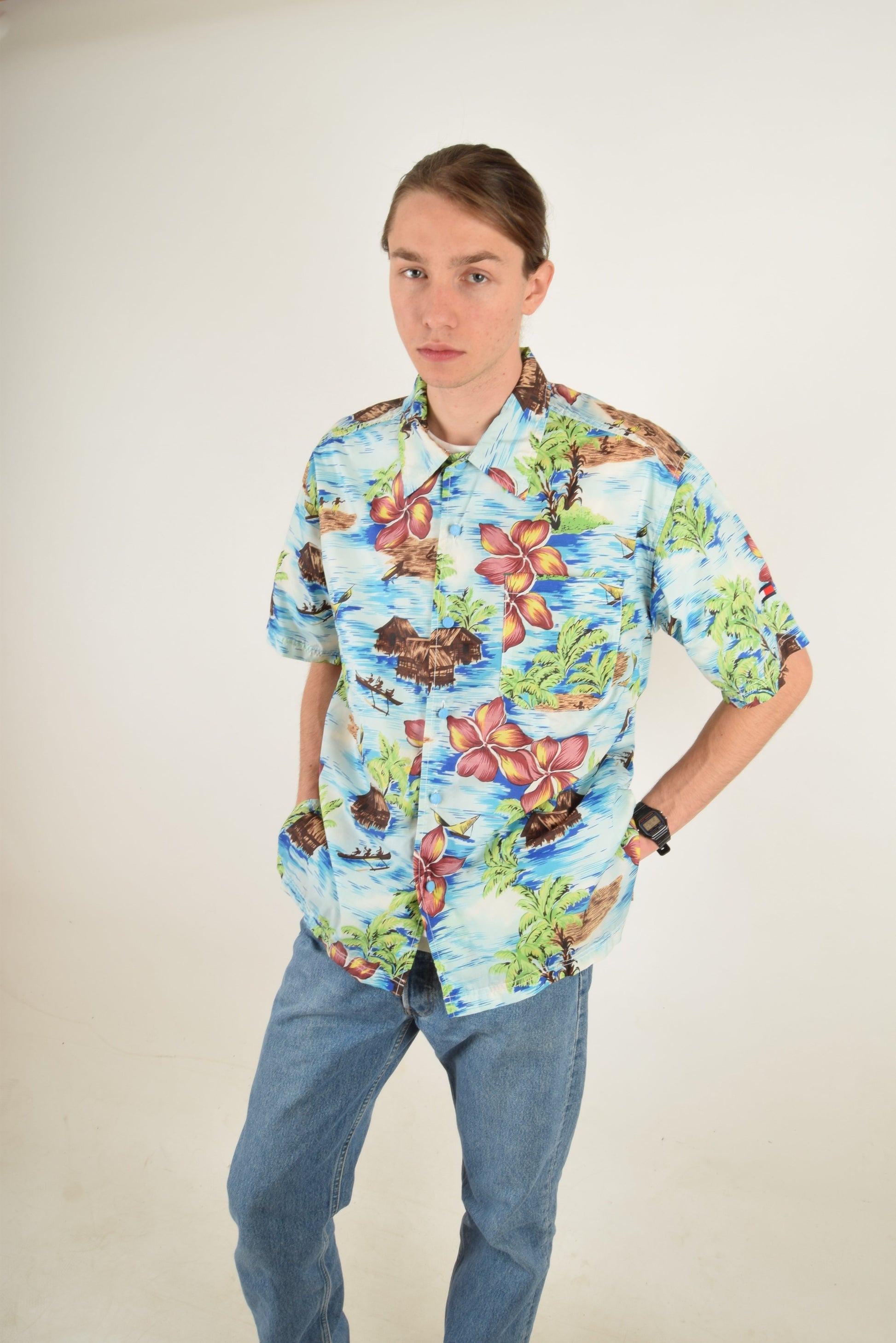 Vintage 90's Tommy Hilfiger Nylon Shirt Tropical Pattern 