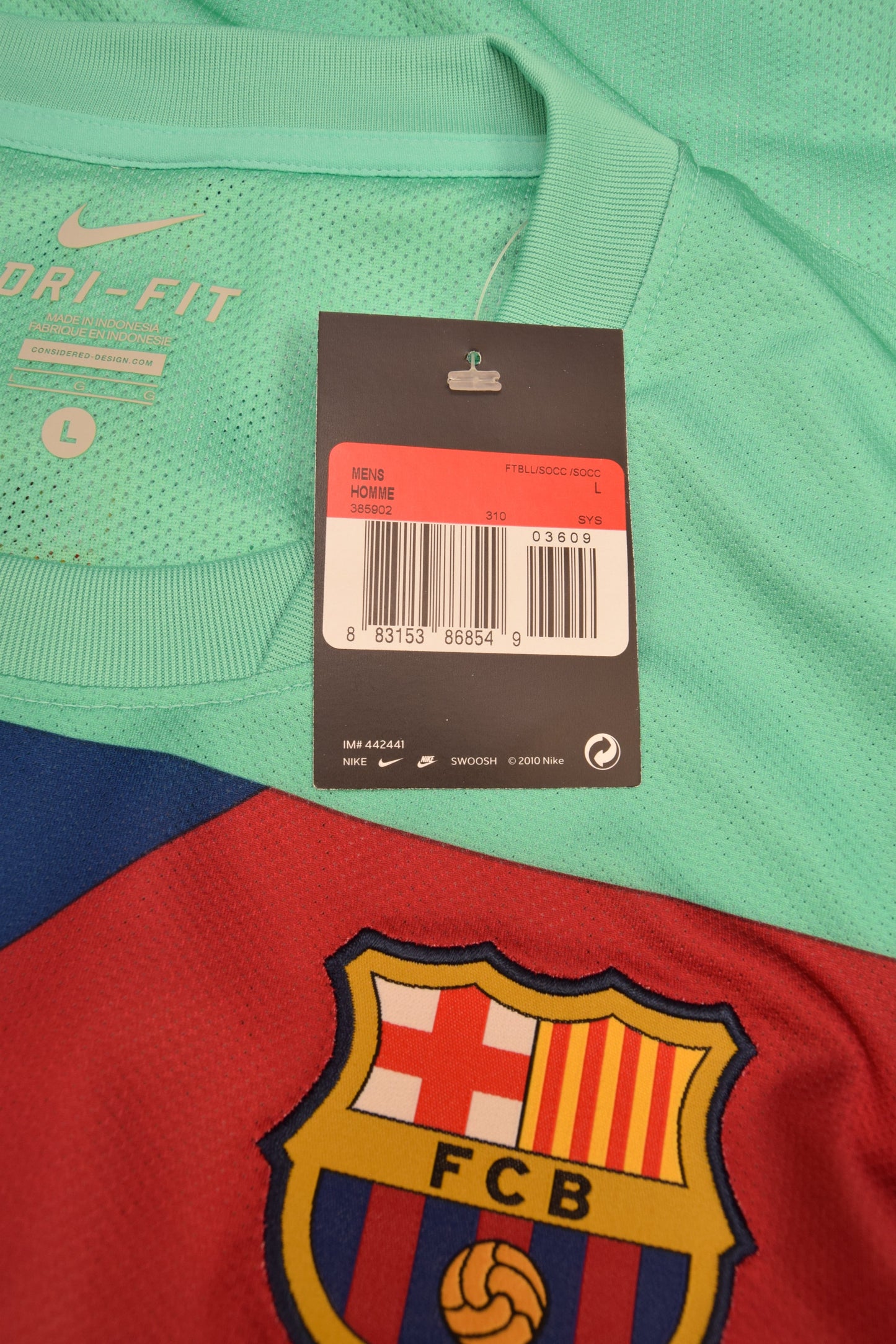 FC Barcelona Nike 2010 - 2011 Player Issue Away Football Shirt DRI FIT Size L Unicef Cool Mint Green Blue Red