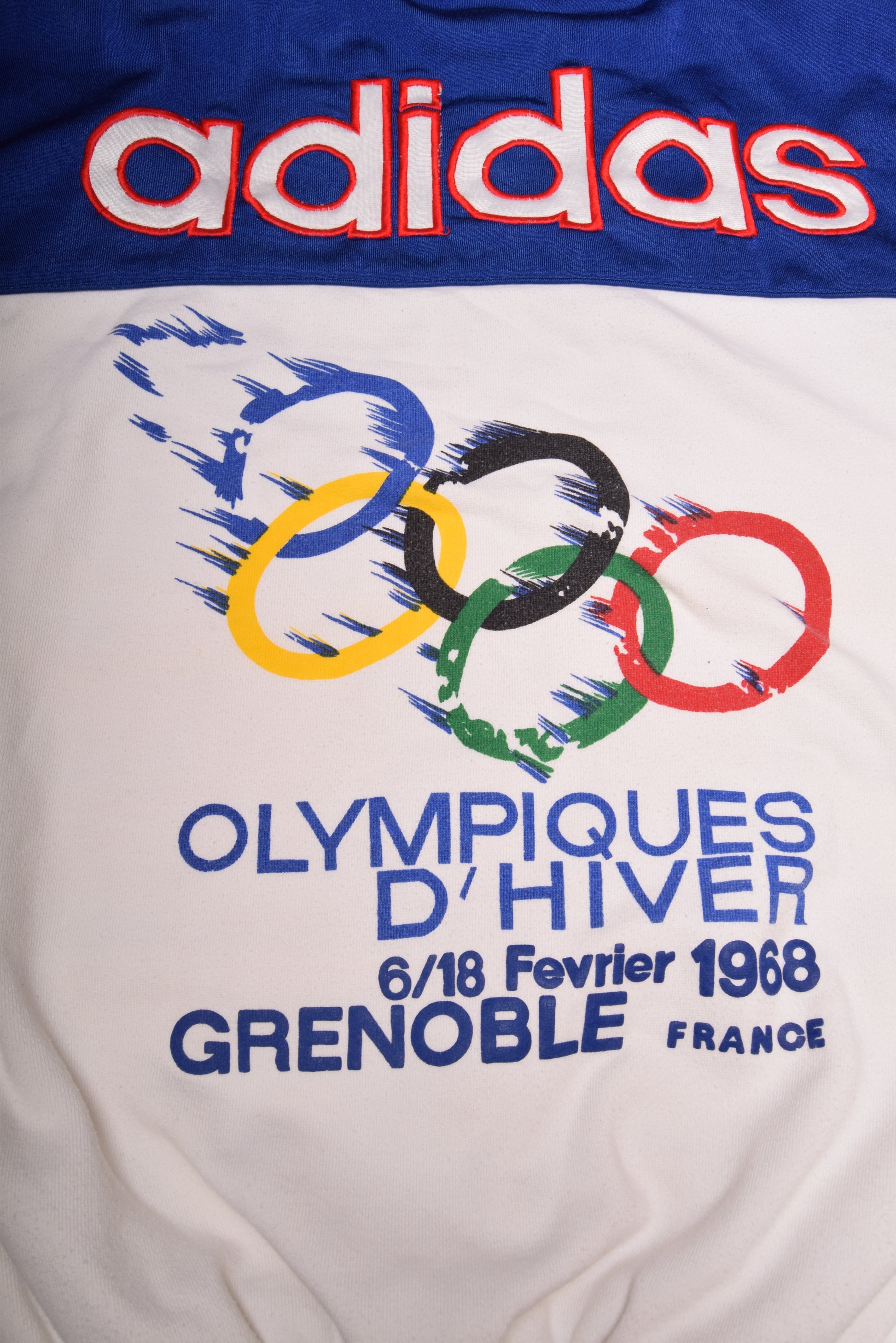 Vintage Adidas Take Off Sweatshirt Crew Neck XI Olympic Winter Game Sapporo '72 Olympiques D'Hiver 6/18Fevrier 1968 Grenoble France Size M White Red Blue