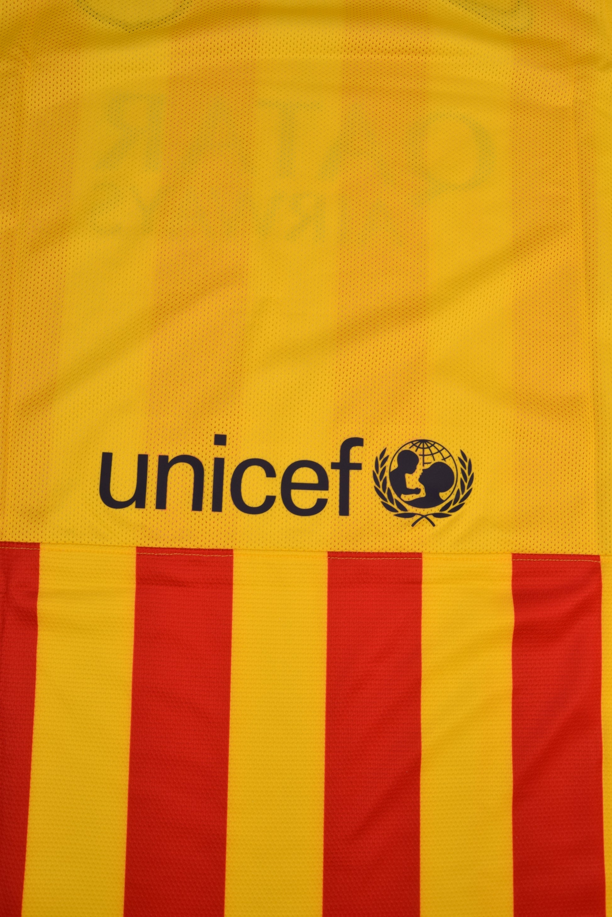 Authentic New Barcelona Nike DRI - FIT Player Issue Away 2013-2014 Away Football Shirt BNWT Deadstock Qatar Airways Unicef Yellow Red Stripes Size L Long Sleeves Dri-Fit