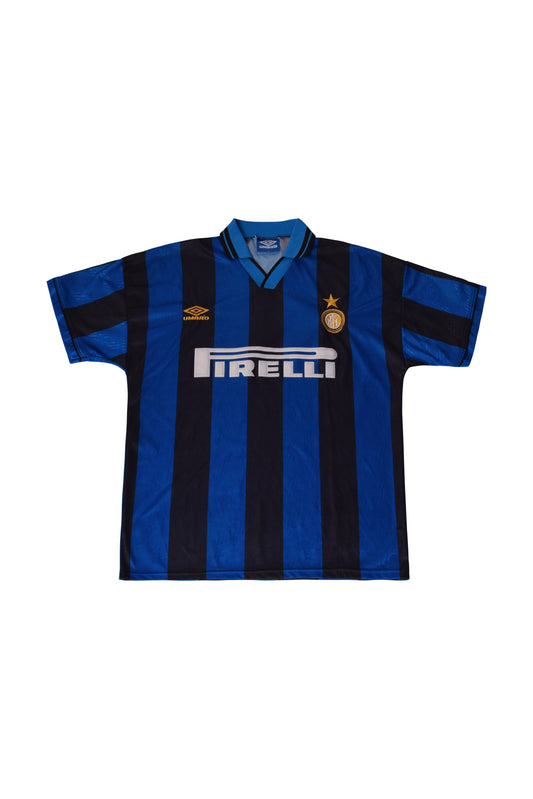 Vintage Inter Milano Umbro 1995 - 1996 Home Football Shirt Black Blue Pirelli Size L Made in England