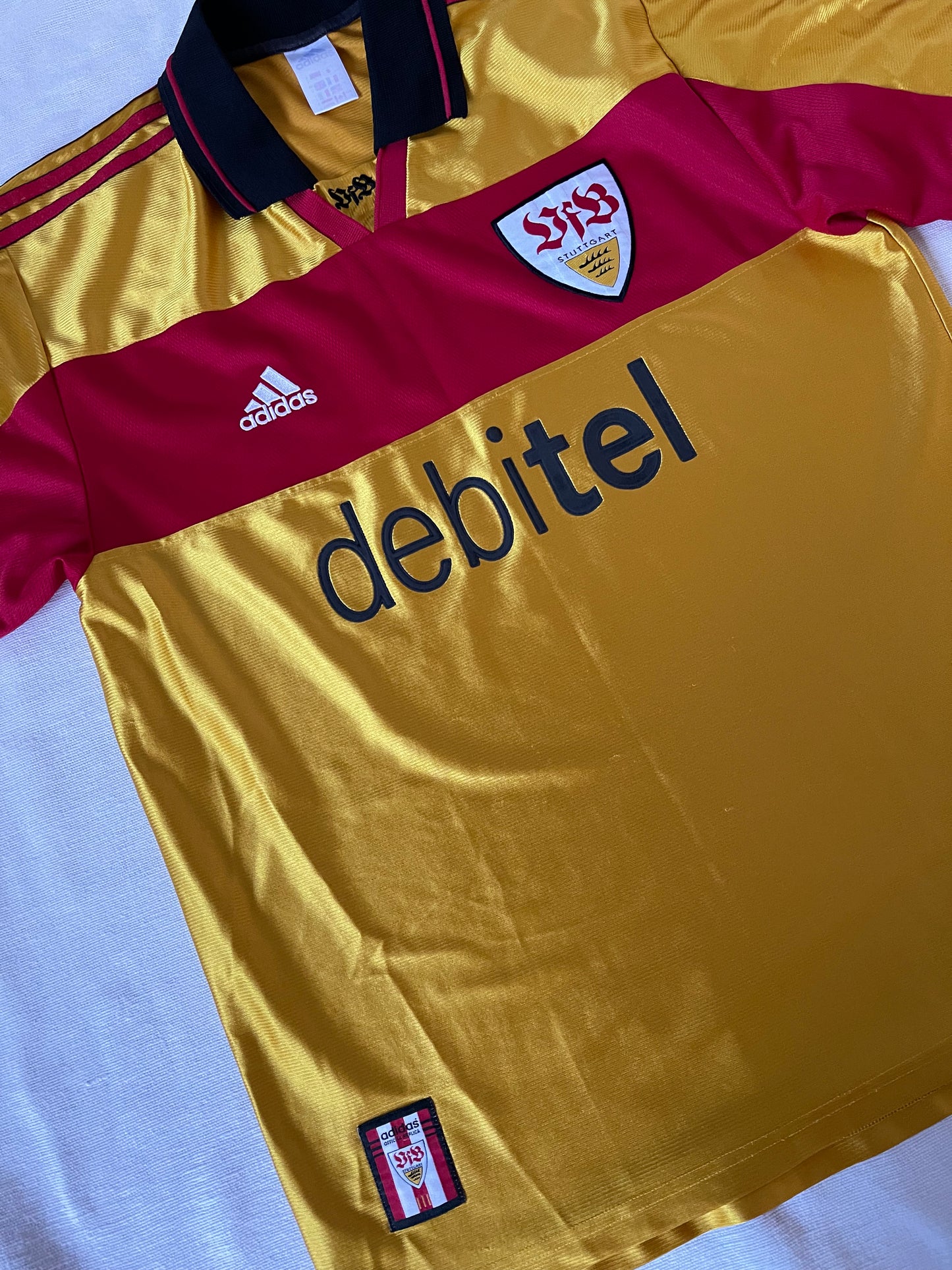 VFB Stuttgart Adidas 1999-2000 Away Third Football Shirt Shiny Golden Red Debitel Size L Climalite