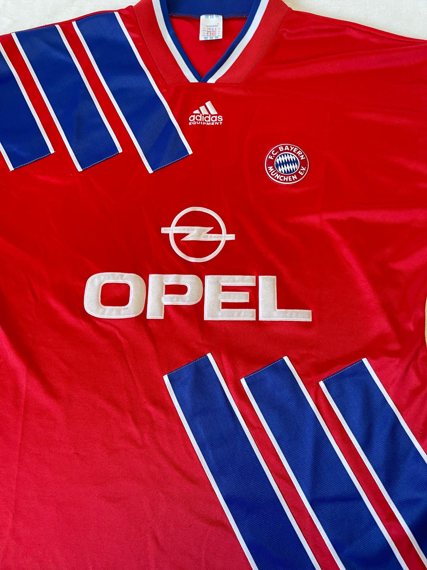 Vintage Adidas Equipment Bayern Munchen Munich 1993-1995 Football Shirt Home #5 Red Blue Opel Size XL Made in UK