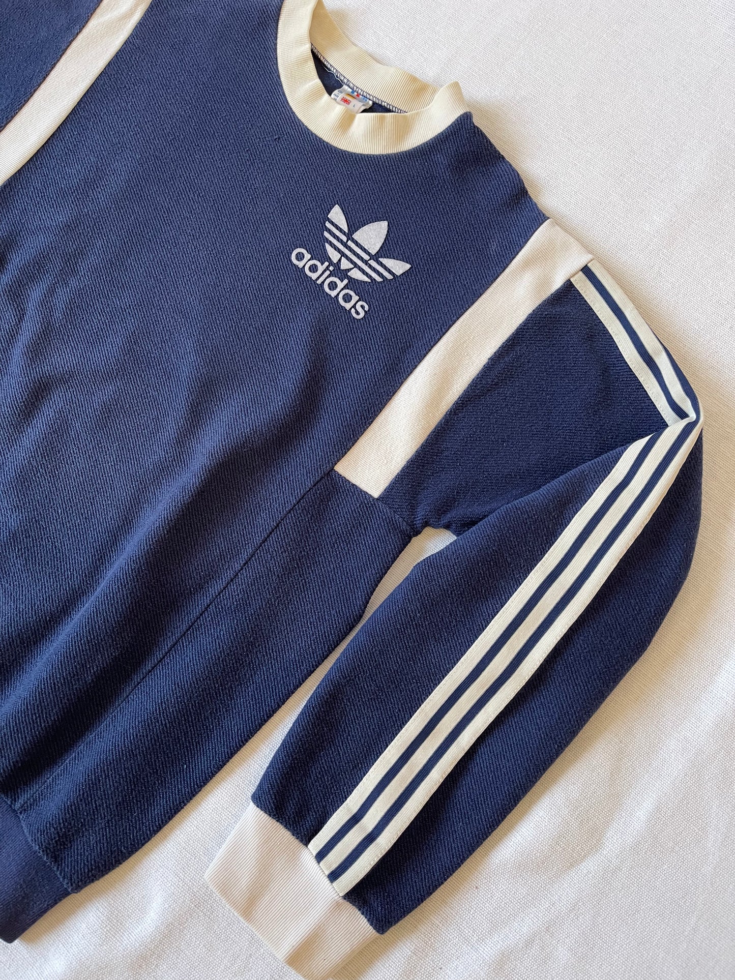 Vintage 80's Adidas Sweatshirt Crew Neck Blue Made in France 100% Cotton Ribbed Cotton Size M