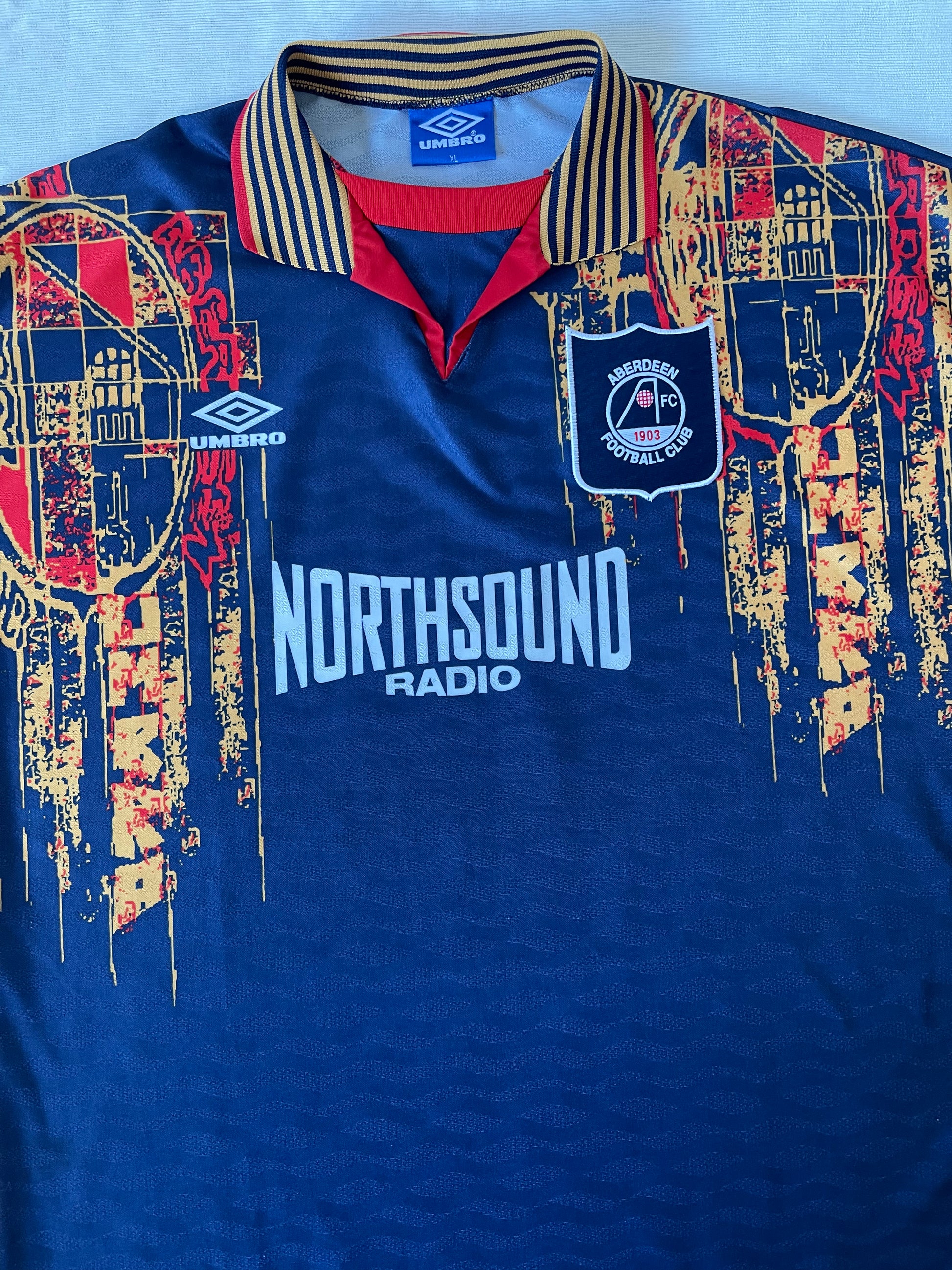 Vintage FC Aberdeen 1903 Umbro Home Football Shirt Blue Size XL Northsound Radio Made in England