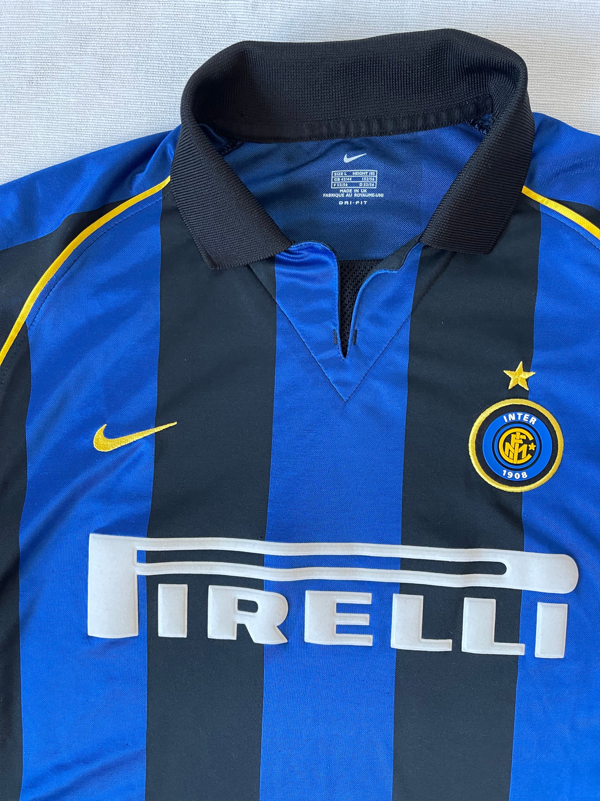 Internazionale Milano Nike 2001 - 2002 Home Football Shirt Size L Pirelli Made in UK Blue Black Dri Fit
