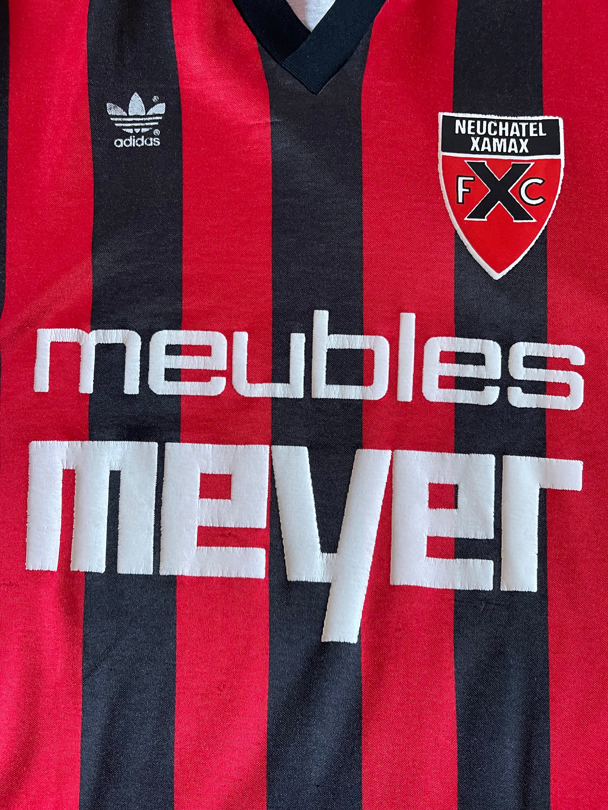 Neuchatel Xamax Adidas 1985-1987 Home Football Shirt Meubles Meyer Long Sleeves Red Black Made in Western Germany