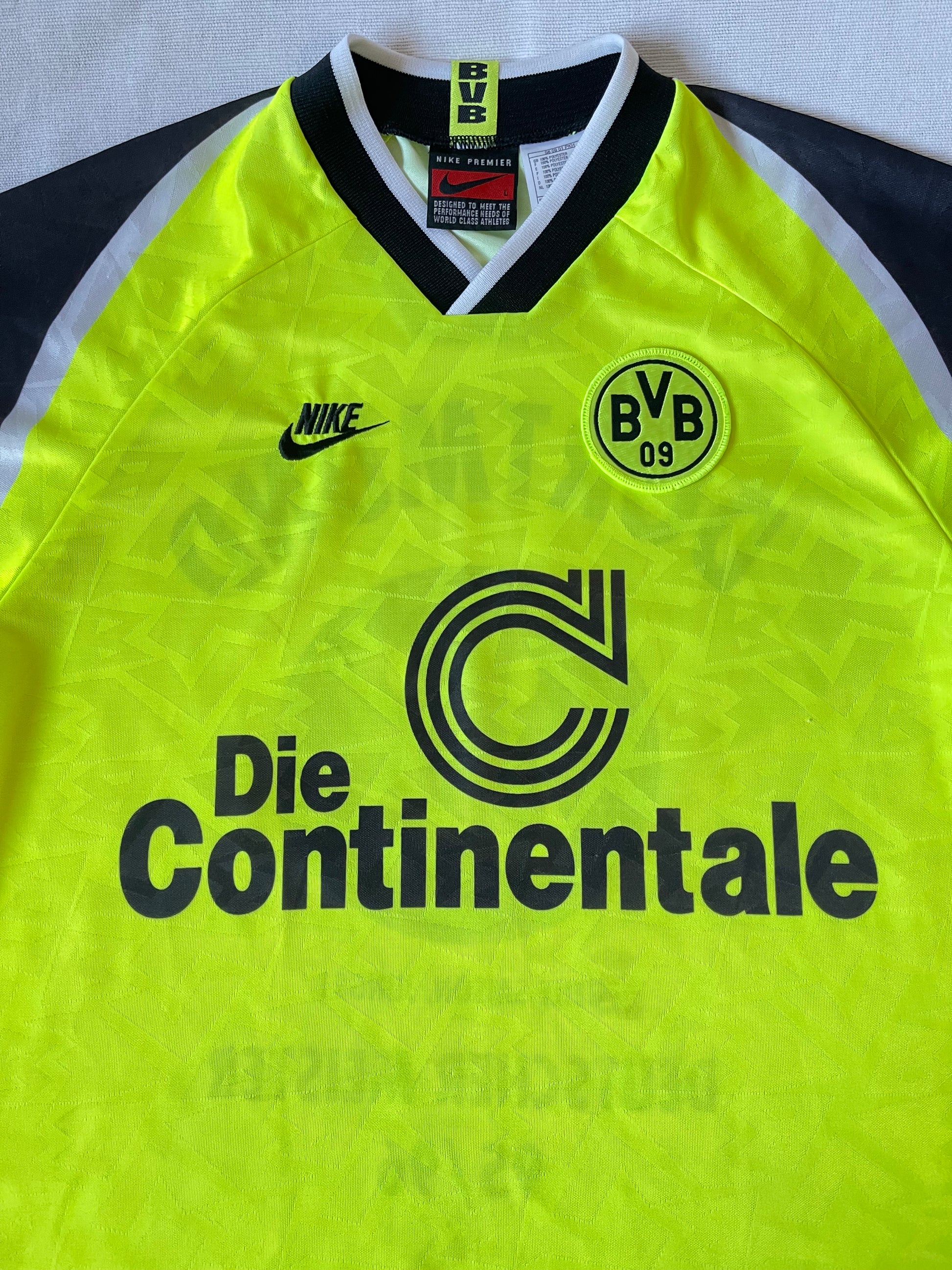 Vintage Borussia Dortmund BVB Nike Premier 1995 - 1996 Home Football Shirt Size L Die Continentale Neon Yellow