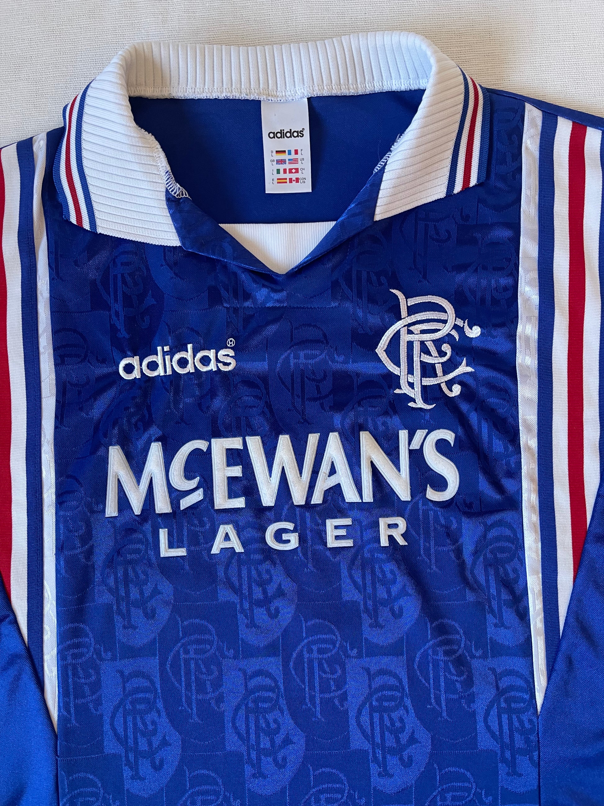 Vintage Glasgow Rangers FC Adidas 1996 - 1997 Home Football Shirt Size L Blue White Red Made in UK McEwan's Lager