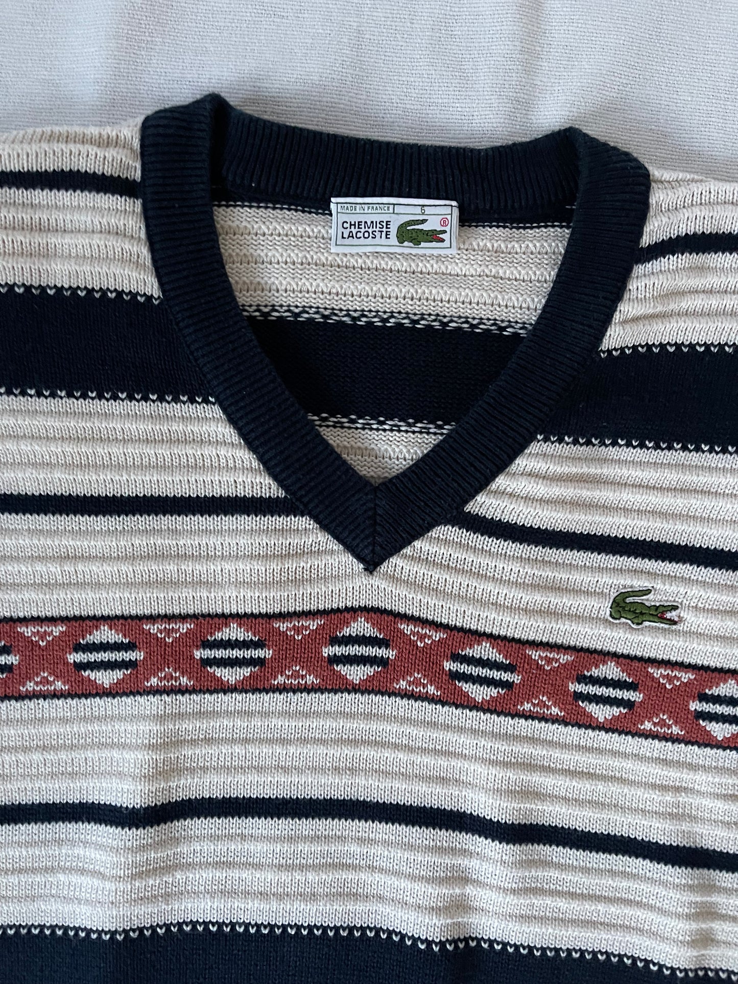 Vintage 80's Lacoste Jumper Made in France Size 6/7 100% Cotton Off White Black