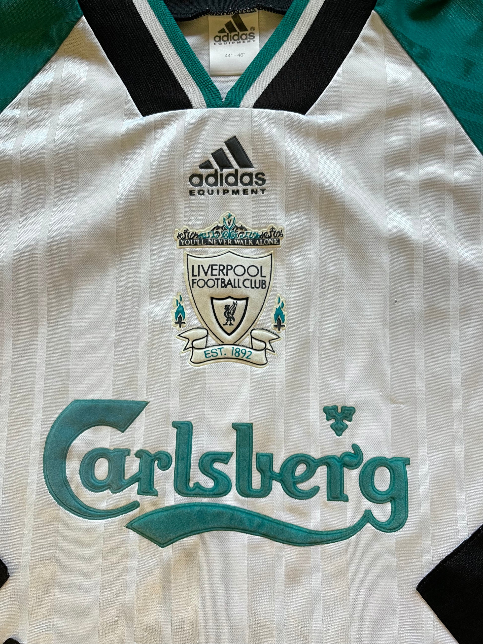 Liverpool FC Adidas Equipment 1993 1994 1995 Away Football Shirt Carlsberg Made in UK White Green Black 44'' 46''