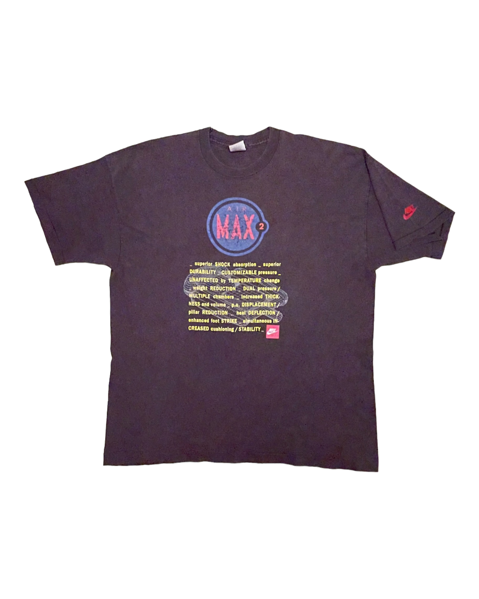 Vintage 90's Nike Air Max 2  T-shirt Washed Out Dark Grey Size XL Made in Ireland