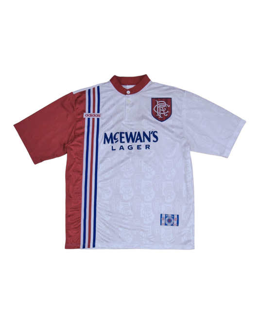 Vintage Glasgow Rangers FC Adidas 1996 - 1997 Away Football Shirt Size L White Red Blue Made in UK McEwan's Lager