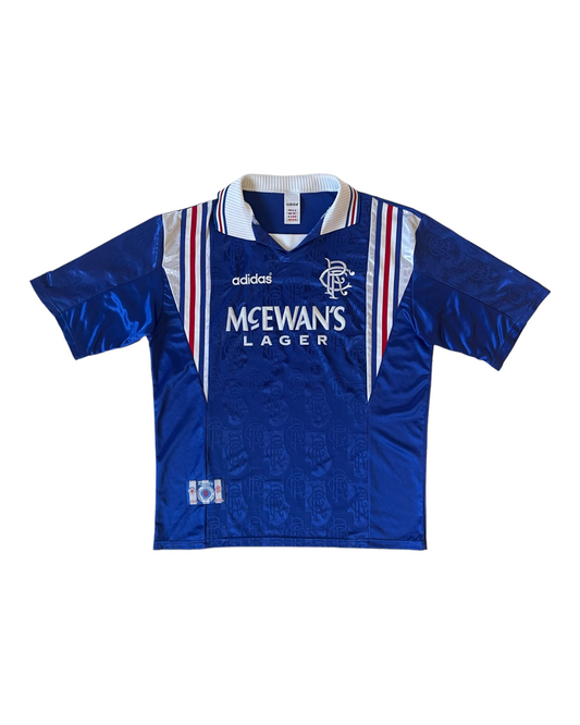 Vintage Glasgow Rangers FC Adidas 1996 - 1997 Home Football Shirt Size L Blue White Red Made in UK McEwan's Lager