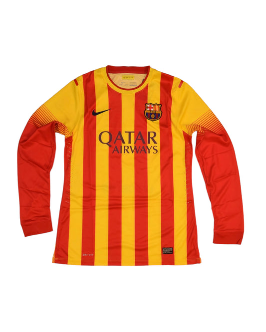 Authentic New Barcelona Nike DRI - FIT Player's Edition / Issue Away 2013-2014 Away Football Shirt Long Sleeve BNWT Deadstock Qatar Airways Unicef Yellow Red Stripes Size L Long Sleeves Dri-Fit