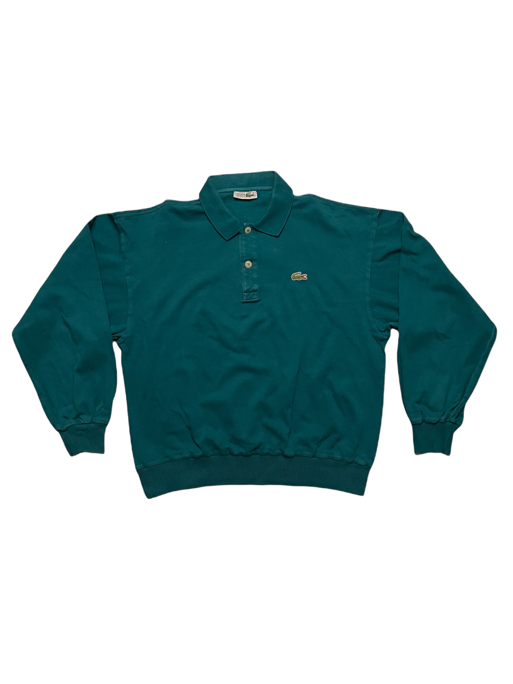Vintage Lacoste Chemise Polo Shirt Long Sleeve Sweatshirt Pique Made in France Green 100% Cotton Size M-L