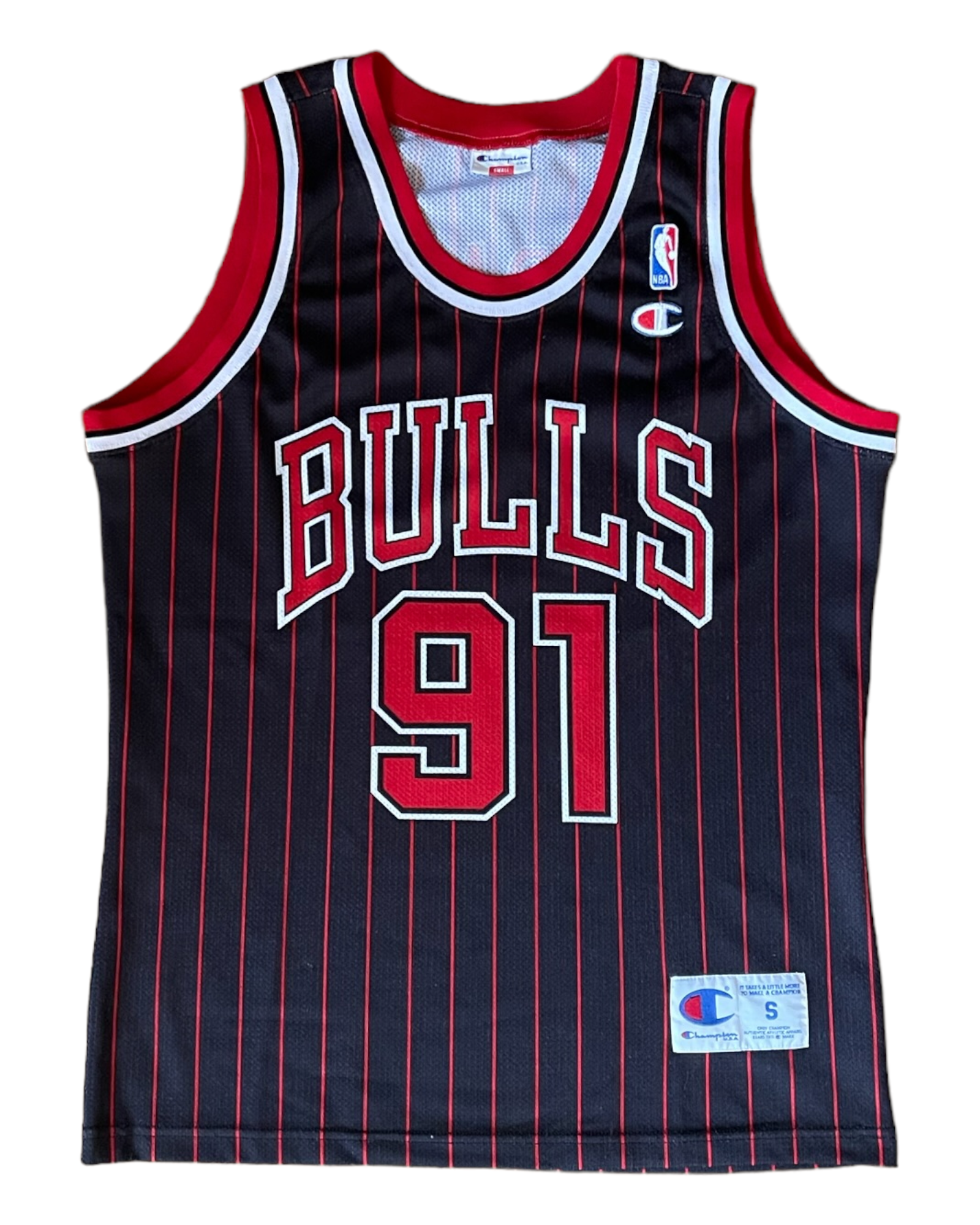 Vintage Chicago Bulls Dennis Rodman Champion 1995-1996 Basketball Away Jersey NBA Black Red Size S-M
