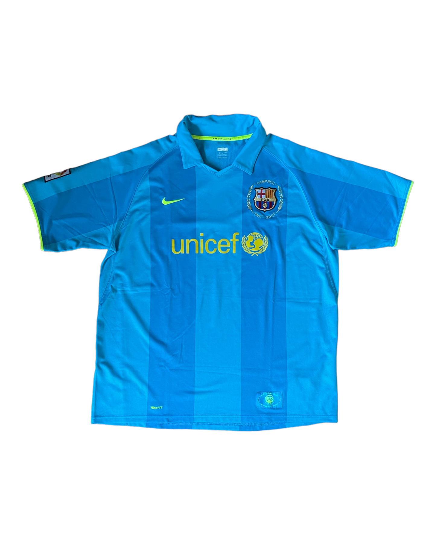 Barcelona Nike 2007-2008 Camp Nou 1957-2007 Away Football Shirt Unicef Blue Size XXL