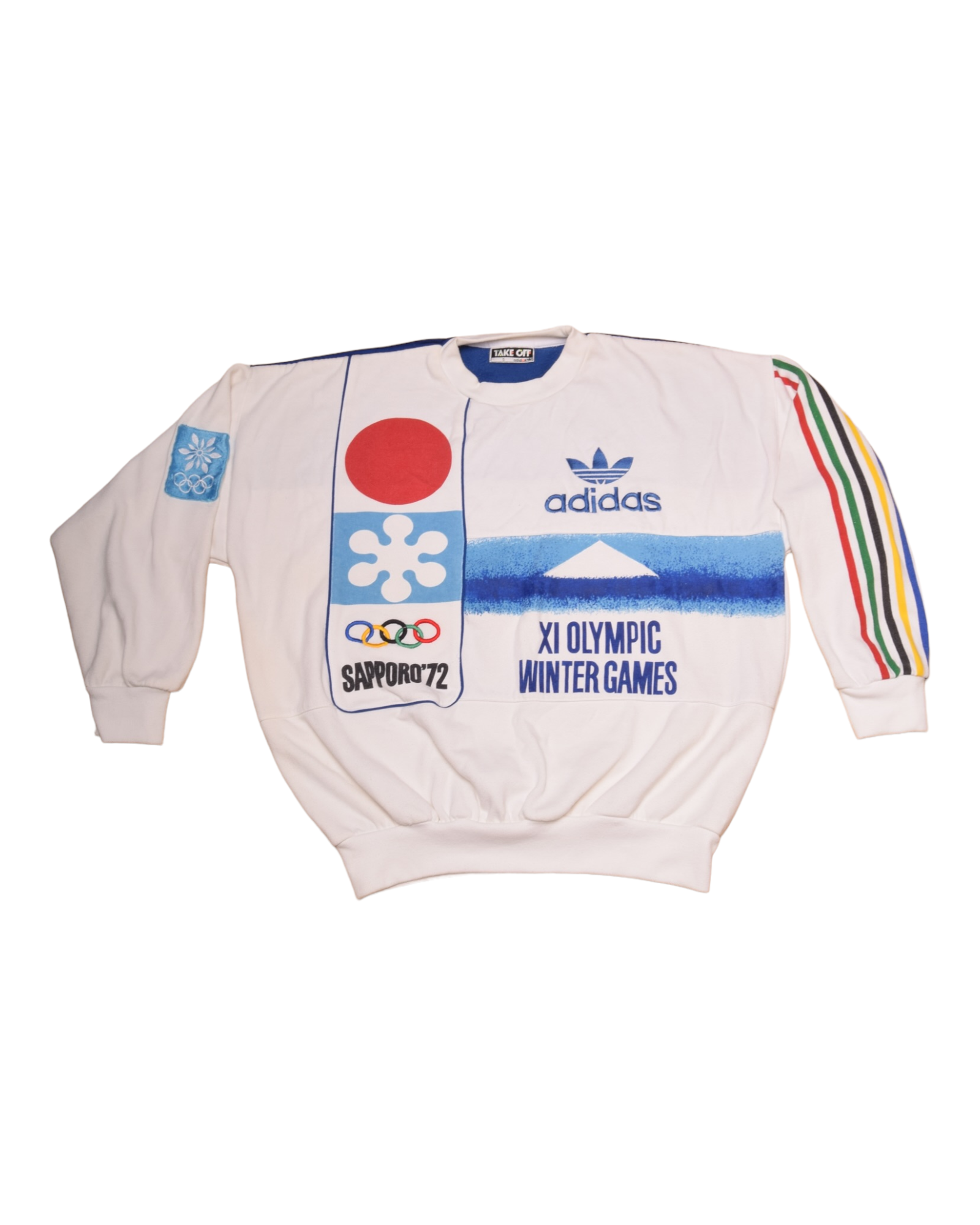 Vintage Adidas Take Off Sweatshirt Crew Neck XI Olympic Winter Game Sapporo '72 Olympiques D'Hiver 6/18Fevrier 1968 Grenoble France Size M White Red Blue