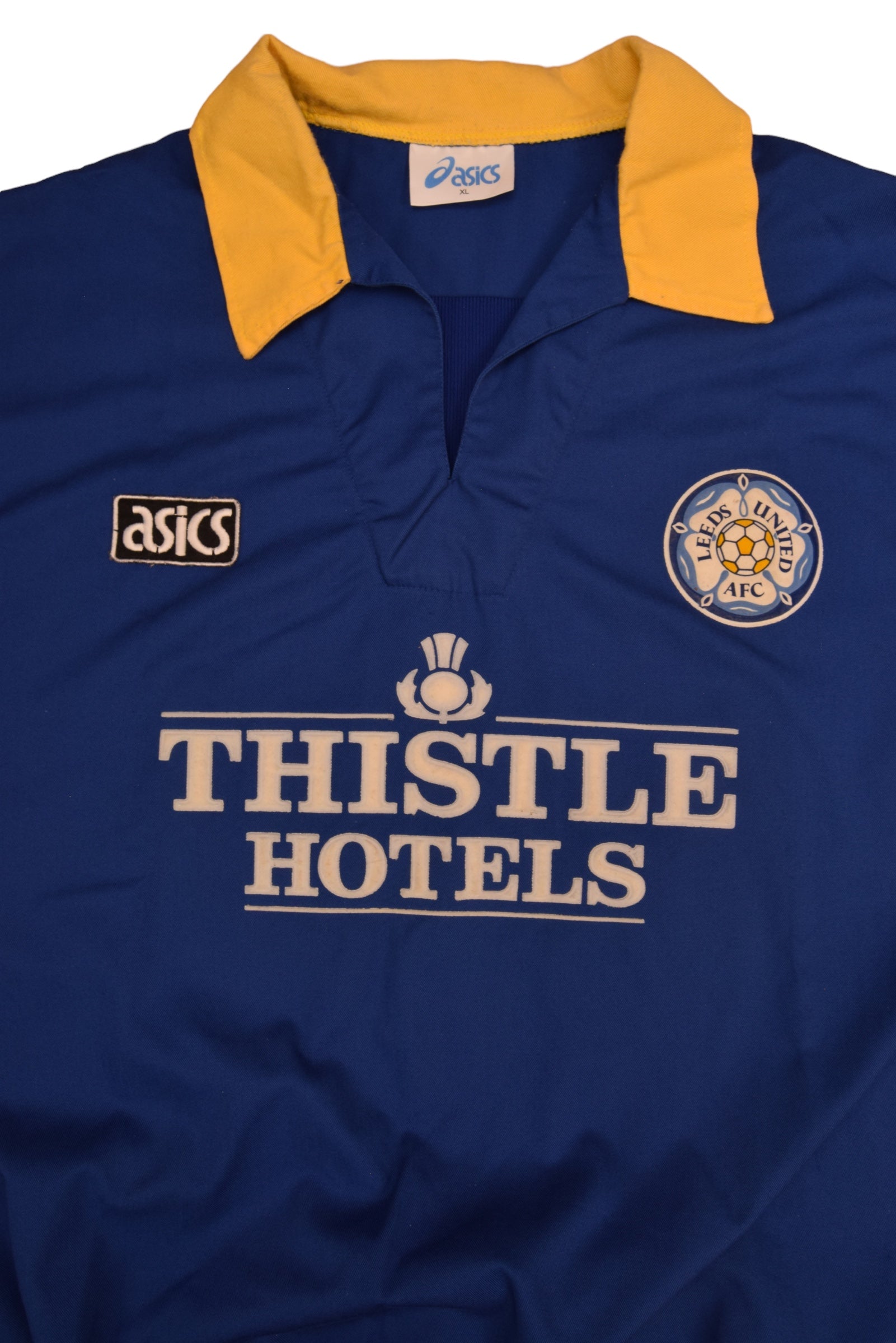 Vintage Leeds United Asics 1993 Drill Top Sweatshirt Jacket Size XL Made in UK Blue Yellow Thistle Hotels